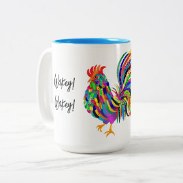 Wakey Wakey Bold Grahic Colorful Rooster Tweekleurige Koffiemok