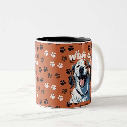 Wakker worden!!! Golden Retriever Pop Art beroemd  Tweekleurige Koffiemok (Voorkant rechts)