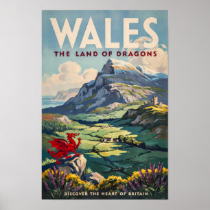 Wales Draak Illustratie Reis Kunst Vintage Poster
