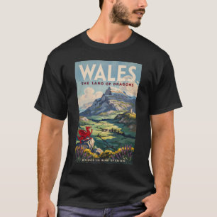 Wales Draak Illustratie Reis Kunst Vintage T-shirt