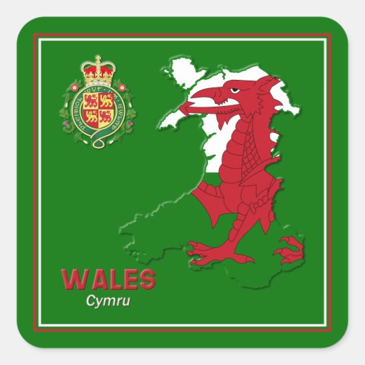 Wales Flag Map & Royal Badge Vierkante Sticker (Voorkant)