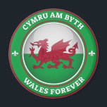 Wales Forever Magneet<br><div class="desc">Een patriottisch ontwerp met een afgeronde 3D Welshe vlag inset in een buitenring gekleurd in Welshe kleuren. De toptekst is van Keltische oorsprong en vertaalt zich als Wales Forever. De onderste tekst is de Engelse betekenis van de bovenste tekst.</div>