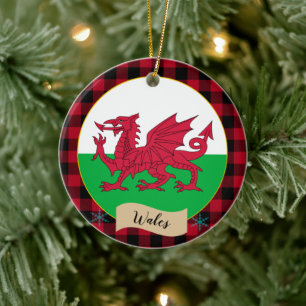 Wales, Red buffalo plaid & Welsh Flag Keramisch Ornament