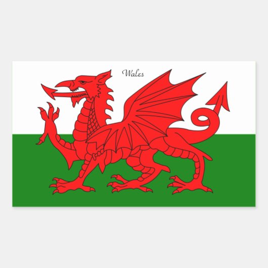 WALES: Vlag van Wales met tekst "Wales" Rechthoekige Sticker (Voorkant)