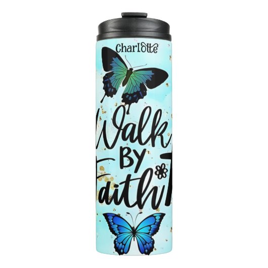 Walk By Faith Blauwgroen Bloemen Thermosbeker (Voorkant)