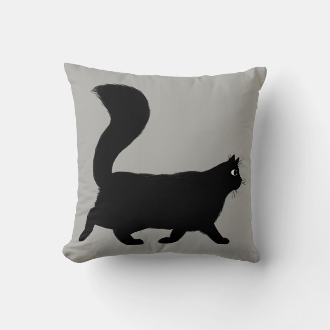 Walking Black Cat | Koel Kat met Fluffy Tail Kussen (Voorkant)