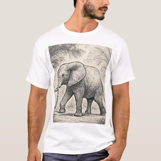 Walking Elephant Sketch – Natuur Art Style T-shirt (Voorkant)
