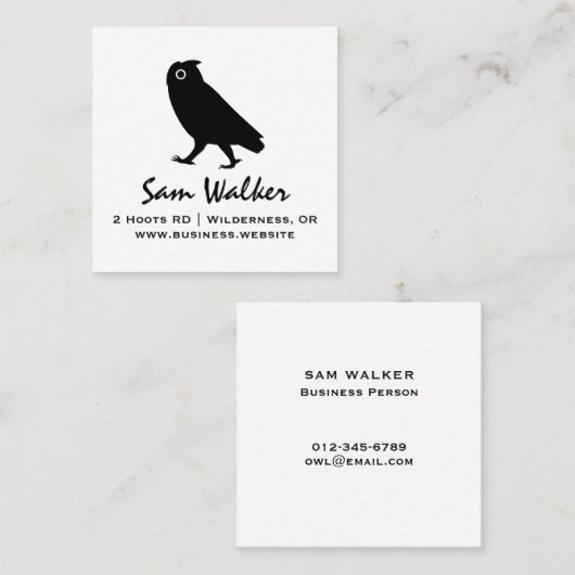 Walking Owl Silhouette | Wildlife Black en White Vierkante Visitekaartje (Voorkant / Achterkant)