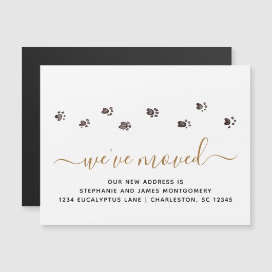 Walking Paw Prints Zwart Goud Nieuw Adres Magneet (Voorkant / Achterkant)