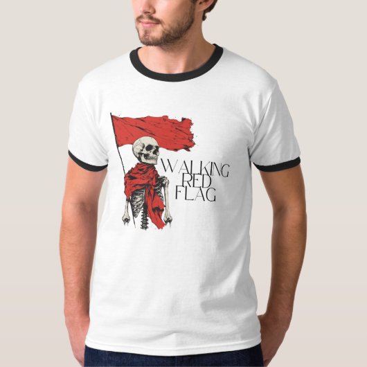 Walking Red Flag Skeleton | Edgy Minimalist-Humor T-shirt (Voorkant)