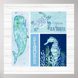 Wall Art Beach Ocean Shore Whale Turtle Seahorse Poster