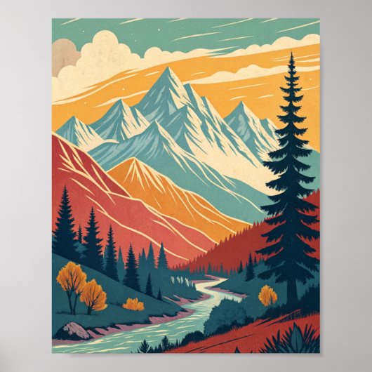 Wall Art poster Retro Bergen Levendige kleuren (Voorkant)