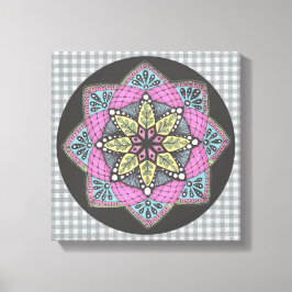 Wall Art Roze Blauwgroen en Geel Medaillon Canvas Afdruk