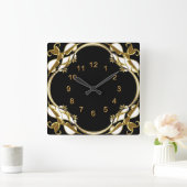 Wall Clock Black Gold White Floral Swirl Vierkante Klok (Huis)