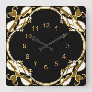 Wall Clock Black Gold White Floral Swirl Vierkante Klok