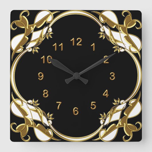 Wall Clock Black Gold White Floral Swirl Vierkante Klok (Voorkant)