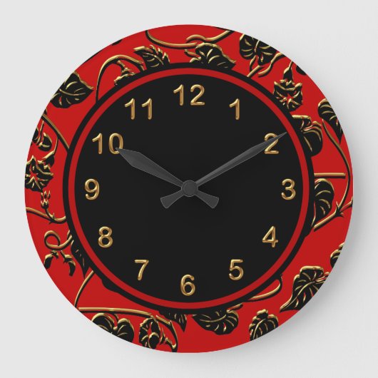 Wall Clock Black Red Gold Trim Damask Floral Grote Klok (Voorkant)