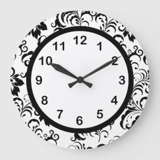 Wall Clock Black White Trim Damask Floral (3) Grote Klok