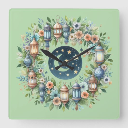 Wall Clock-Eid Mubarak Wreath Wall Clock Vierkante Klok (Voorkant)