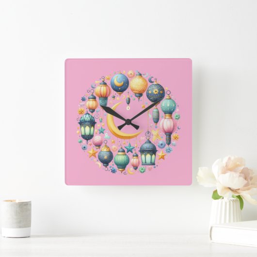 Wall Clock-Eid Mubarak Wreath Wall Clock Vierkante Klok (Huis)