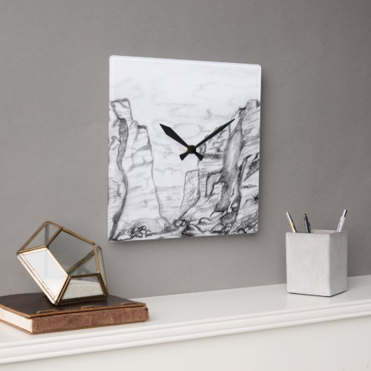 Wall Clock with canyon sketched in black and white Vierkante Klok (Kantoor)