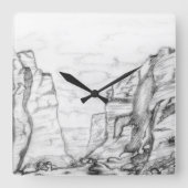 Wall Clock with canyon sketched in black and white Vierkante Klok (Voorkant)