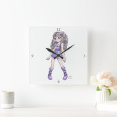 Wall-klok met meisje in Paarse dress met Boots Vierkante Klok (Huis)