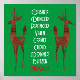 Wall Poster - Santa's Reindeer - Rudolph Red Nose
