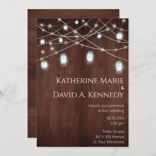 Wall Weddenschap Wood Barn Mason Jar String Light Kaart (Voorkant / Achterkant)