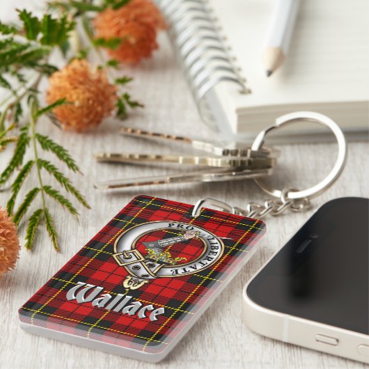 Wallace Clan Badge/Tartan Rectangle Sleutelhanger (Voorkant Rechts)
