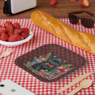 Wallace Red Schotse Tartan Kerstmis Zwarte Kat Papieren Bordje
