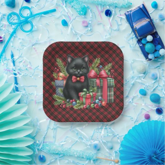  Wallace Red Scottish Tartan Christmas Black Cat Papieren Bordje (Feest)