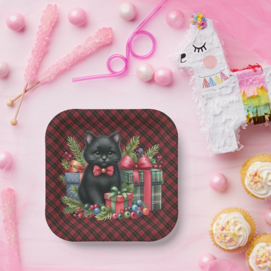  Wallace Red Scottish Tartan Christmas Black Cat Papieren Bordje (Feest)