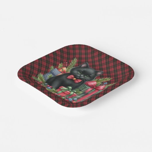 Wallace Red Scottish Tartan Christmas Black Cat Papieren Bordje (Gebogen)
