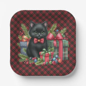  Wallace Red Scottish Tartan Christmas Black Cat Papieren Bordje (Voorkant)