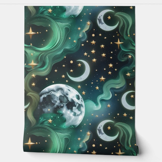 Wallpaper - Emerald Green Celestial Moon Behang (Afrollen)