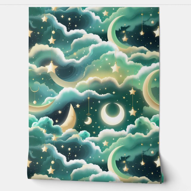 Wallpaper - Mint Green Celestial Moon Design Behang (Afrollen)