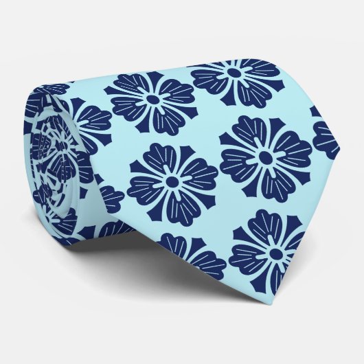 Wallstreet Hibiscus Foulard Aqua & Navy Two-Sided Stropdas (Opgerold)