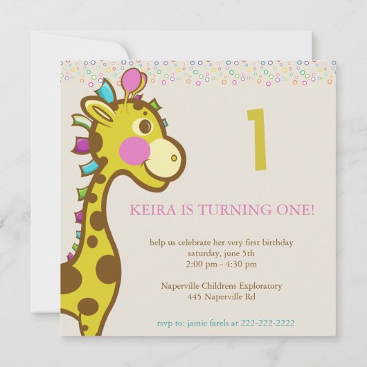 Wally of Giraffe 1st Birthday Party Kaart (Achterkant)