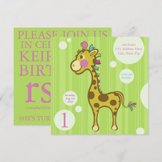 Wally of Giraffe Kids Birthday Party Invitation Kaart (Voorkant / Achterkant)