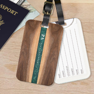 Walnoot Houten Groen Marmer Monogram Naam Aangepas Bagagelabel
