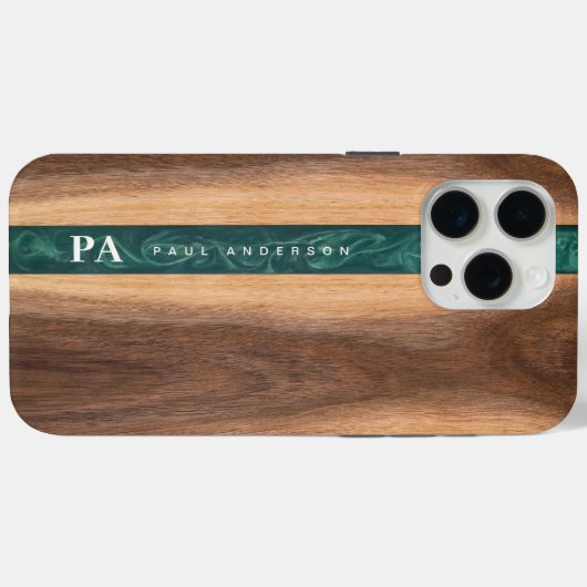 Walnoot Houten Groen Marmer Monogram Naam Aangepas Case-Mate iPhone Case (Achterkant (horizontaal))