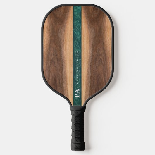 Walnoot Houten Groen Marmer Monogram Naam Aangepas Pickleball Paddle (Voorkant)