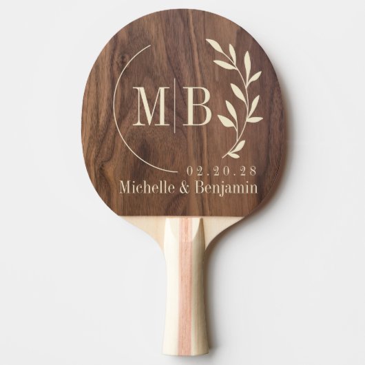 Walnut Wood Leaf Wedding Monogram Tafeltennisbatje (Voorkant)