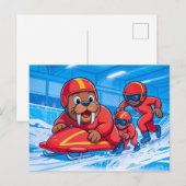 Walrus die een bobsleerun start op een besneeuwd p briefkaart (Voorkant / Achterkant)