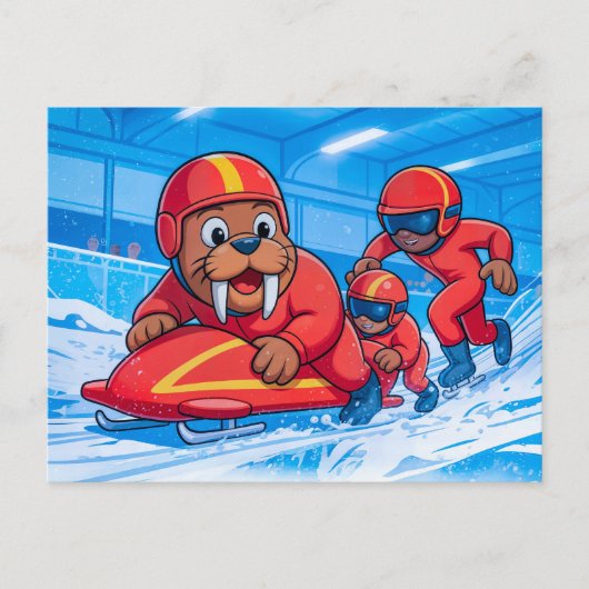 Walrus die een bobsleerun start op een besneeuwd p briefkaart (Voorkant)