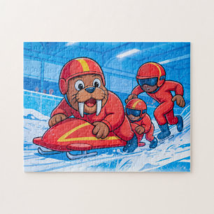 Walrus die een bobsleerun start op een besneeuwd p legpuzzel