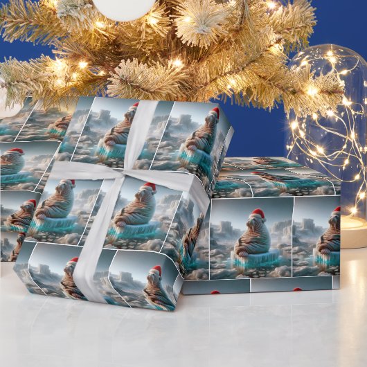 Walrus draagt een kerstmuts cadeaupapier (Feestdagen)