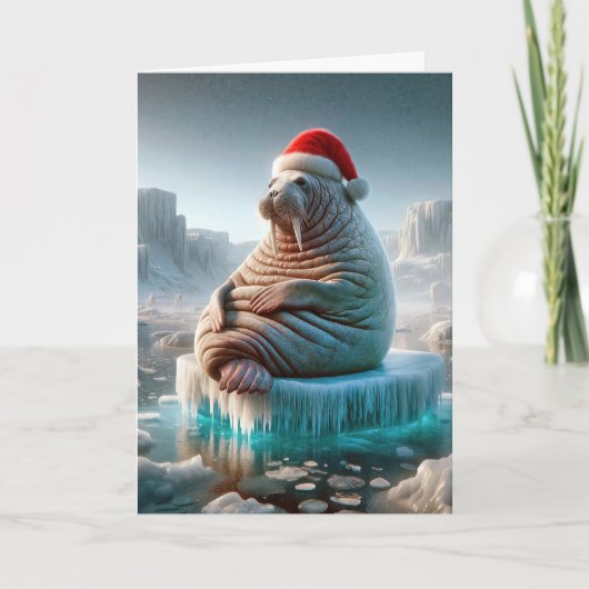 Walrus draagt een kerstmuts feestdagen kaart (Voorkant)