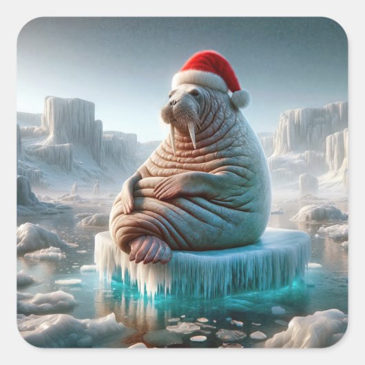 Walrus draagt een kerstmuts vierkante sticker (Voorkant)